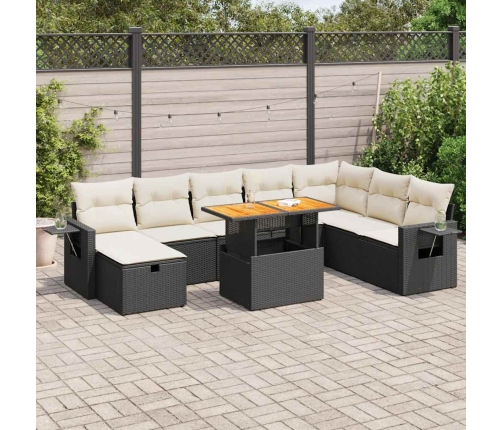Set sofás jardín y cojines 9 pzas ratán sintético acacia negro