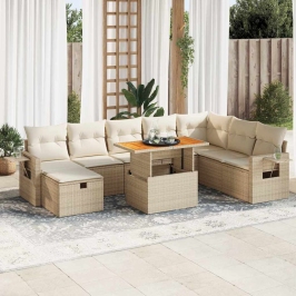 Set sofás jardín y cojines 9 pzas ratán sintético acacia beige