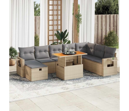 Set sofás jardín y cojines 9 pzas ratán sintético acacia beige