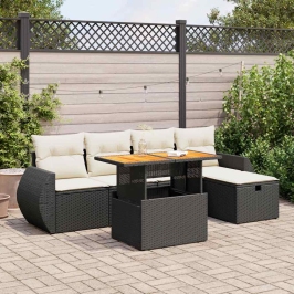 Set sofás jardín y cojines 6 pzas ratán sintético acacia negro