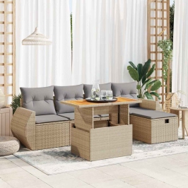 Set sofás jardín y cojines 6 pzas ratán sintético acacia beige