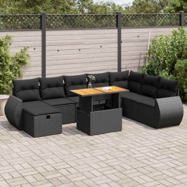 Set sofás jardín y cojines 9 pzas ratán sintético acacia negro