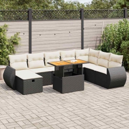 Set sofás jardín y cojines 9 pzas ratán sintético acacia negro