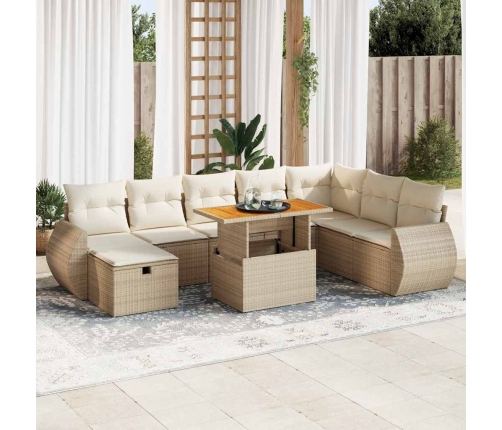 Set sofás jardín y cojines 9 pzas ratán sintético acacia beige