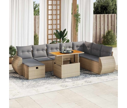 Set sofás jardín y cojines 9 pzas ratán sintético acacia beige