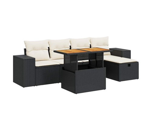 Set sofás jardín y cojines 6 pzas ratán sintético acacia negro
