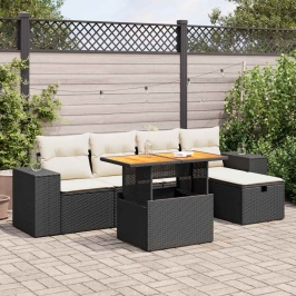 Set sofás jardín y cojines 6 pzas ratán sintético acacia negro