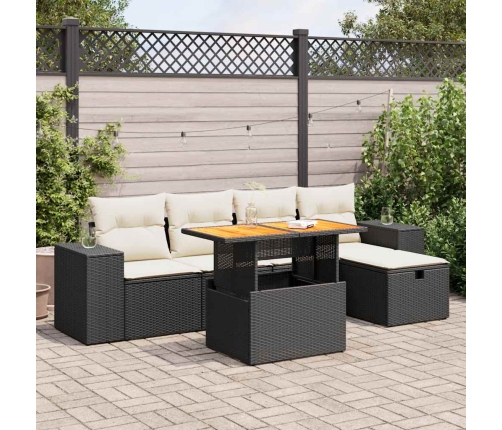 Set sofás jardín y cojines 6 pzas ratán sintético acacia negro