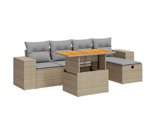 Set sofás jardín y cojines 6 pzas ratán sintético acacia beige