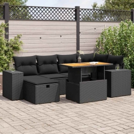 Set sofás jardín y cojines 8 pzas ratán sintético acacia negro