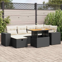 Set sofás jardín y cojines 8 pzas ratán sintético acacia negro
