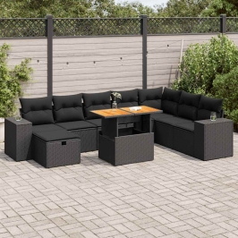Set sofás jardín y cojines 9 pzas ratán sintético acacia negro
