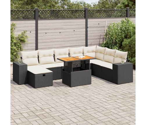 Set sofás jardín y cojines 9 pzas ratán sintético acacia negro