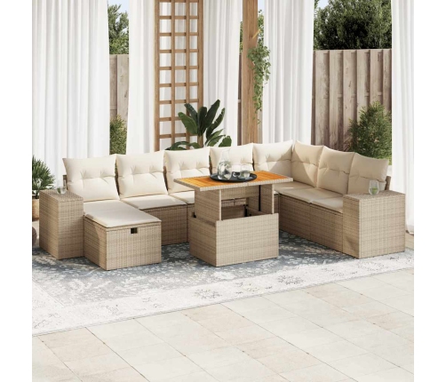 Set sofás jardín y cojines 9 pzas ratán sintético acacia beige