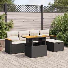 Set de sofás de jardín 6 piezas y cojines ratán sintético negro