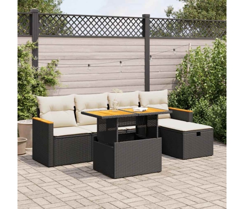 Set de sofás de jardín 6 piezas y cojines ratán sintético negro
