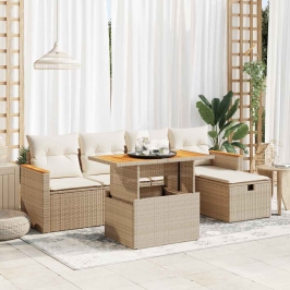 Juego de sofás jardín con cojines 6 pzas ratán sintético beige