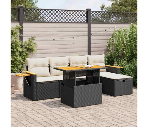 Set de sofás de jardín 6 piezas y cojines ratán sintético negro
