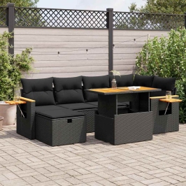 Set de sofás de jardín y cojines 8 piezas ratán sintético negro