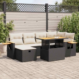 Set de sofás de jardín y cojines 8 piezas ratán sintético negro