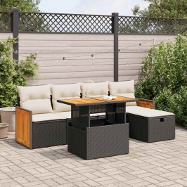 Set de sofás de jardín 6 piezas y cojines ratán sintético negro