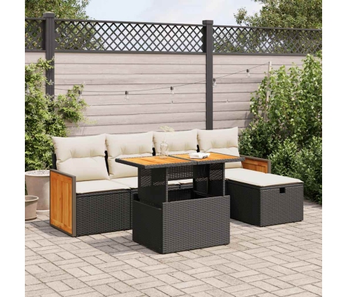 Set de sofás de jardín 6 piezas y cojines ratán sintético negro