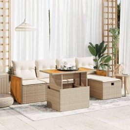 Juego de sofás jardín con cojines 6 pzas ratán sintético beige