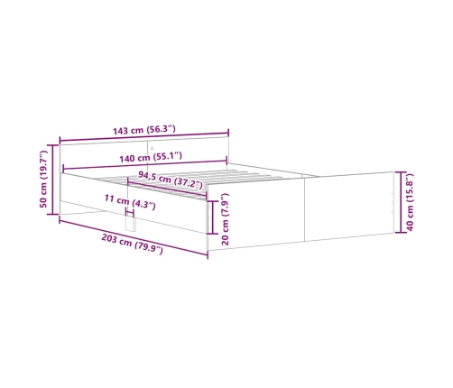 Estructura de cama sin colchón roble artesanal 140x200 cm