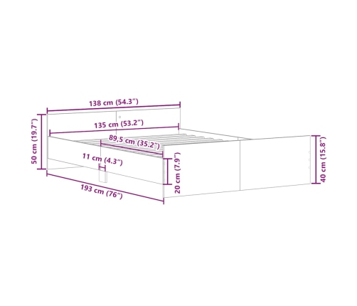 Estructura de cama sin colchón roble artesanal 135x190 cm