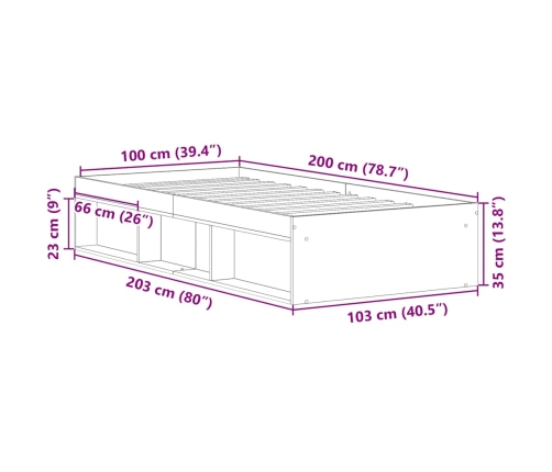 Estructura de cama sin colchón roble artesanal 100x200 cm