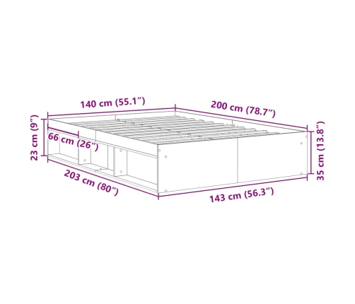 Estructura de cama sin colchón roble artesanal 140x200 cm