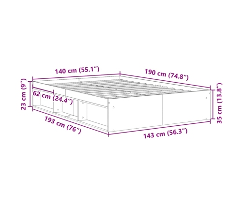 Estructura de cama sin colchón roble artesanal 140x190 cm