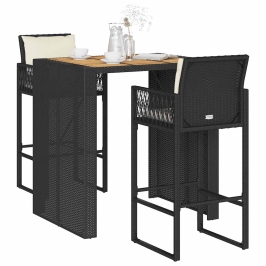 Set bar jardín con cojines 3 pzas ratán sintético acacia negro