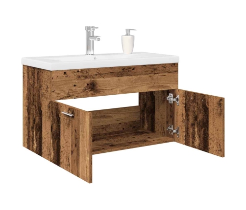 Mueble lavabo con lavabo integrado y grifo madera vieja