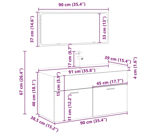 Juego de muebles baño 3 piezas madera ingeniería roble artisan