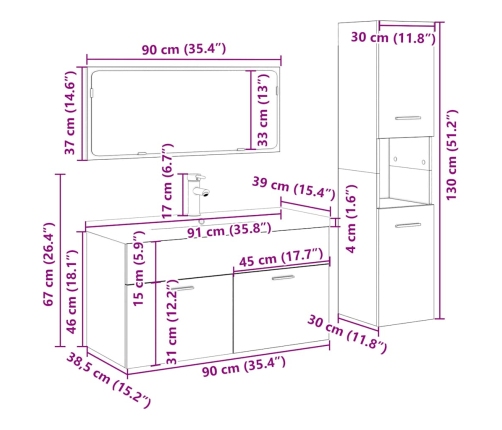 Juego de muebles baño 4 piezas madera ingeniería roble artisan