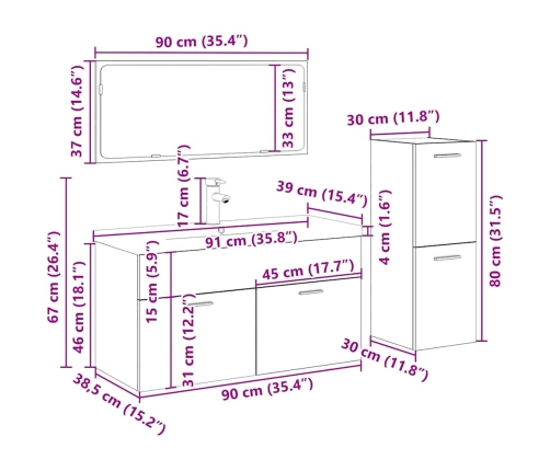 Juego de muebles baño 4 piezas madera ingeniería roble artisan