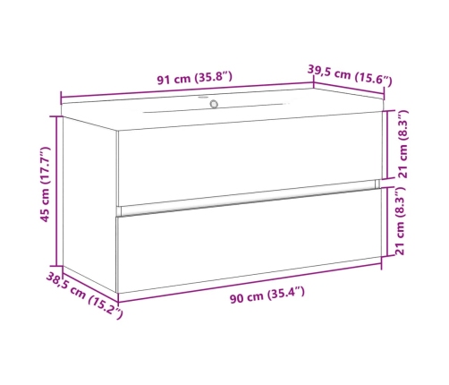 Mueble con lavabo integrado roble artesanal 91x39,5x49 cm