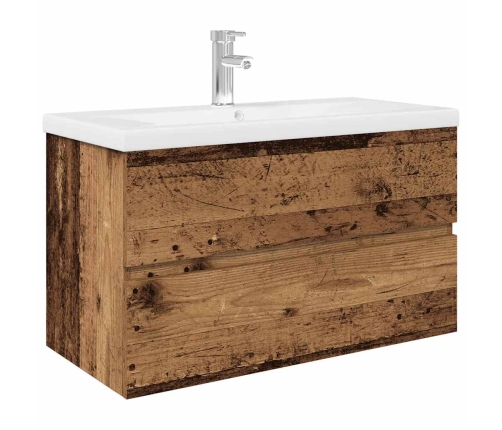 Mueble lavabo con lavabo integrado y grifo madera vieja