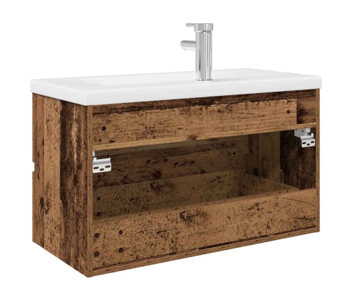 Mueble lavabo con lavabo integrado y grifo madera vieja