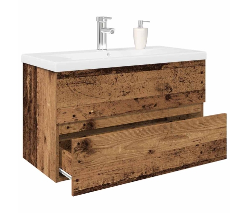 Mueble lavabo con lavabo integrado y grifo madera vieja