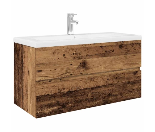 Mueble lavabo con lavabo integrado y grifo madera vieja