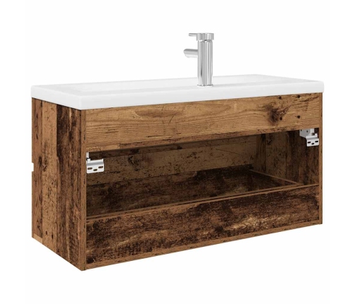 Mueble lavabo con lavabo integrado y grifo madera vieja