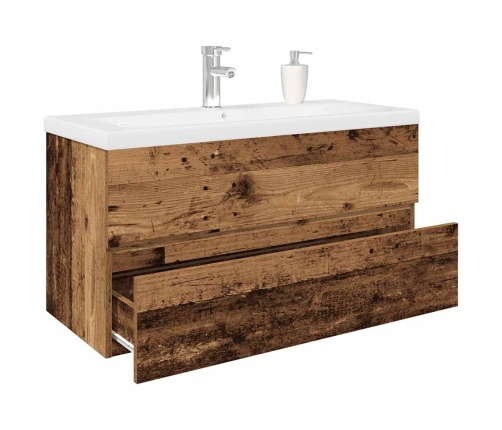 Mueble lavabo con lavabo integrado y grifo madera vieja