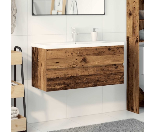 Mueble lavabo con lavabo integrado y grifo madera vieja