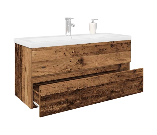 Mueble lavabo con lavabo integrado y grifo madera vieja