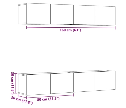 Muebles de TV de pared 4 uds madera vieja madera de ingeniería