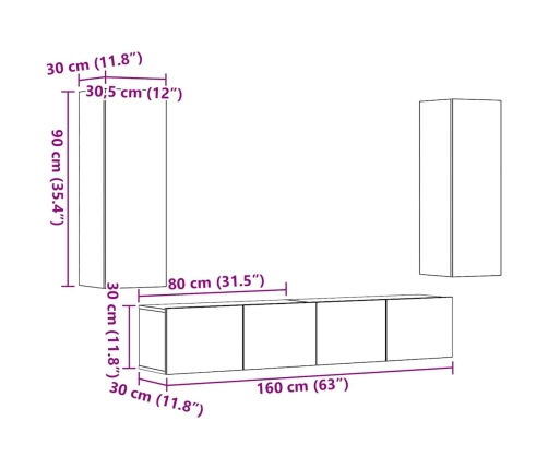 Muebles de TV de pared 4 uds madera vieja madera de ingeniería