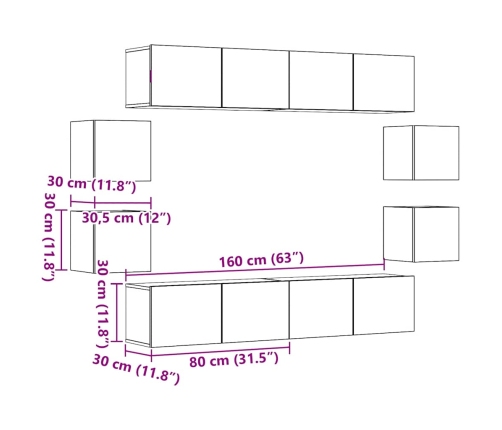 Conjunto de mueble de TV 8 piezas montado la pared madera vieja