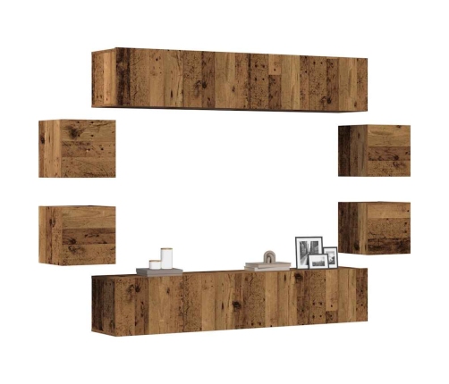 Conjunto de mueble de TV 8 piezas montado la pared madera vieja